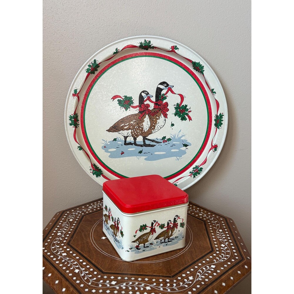 Vintage Potpourri Press Christmas Goose Tray & Tin Set, 1985